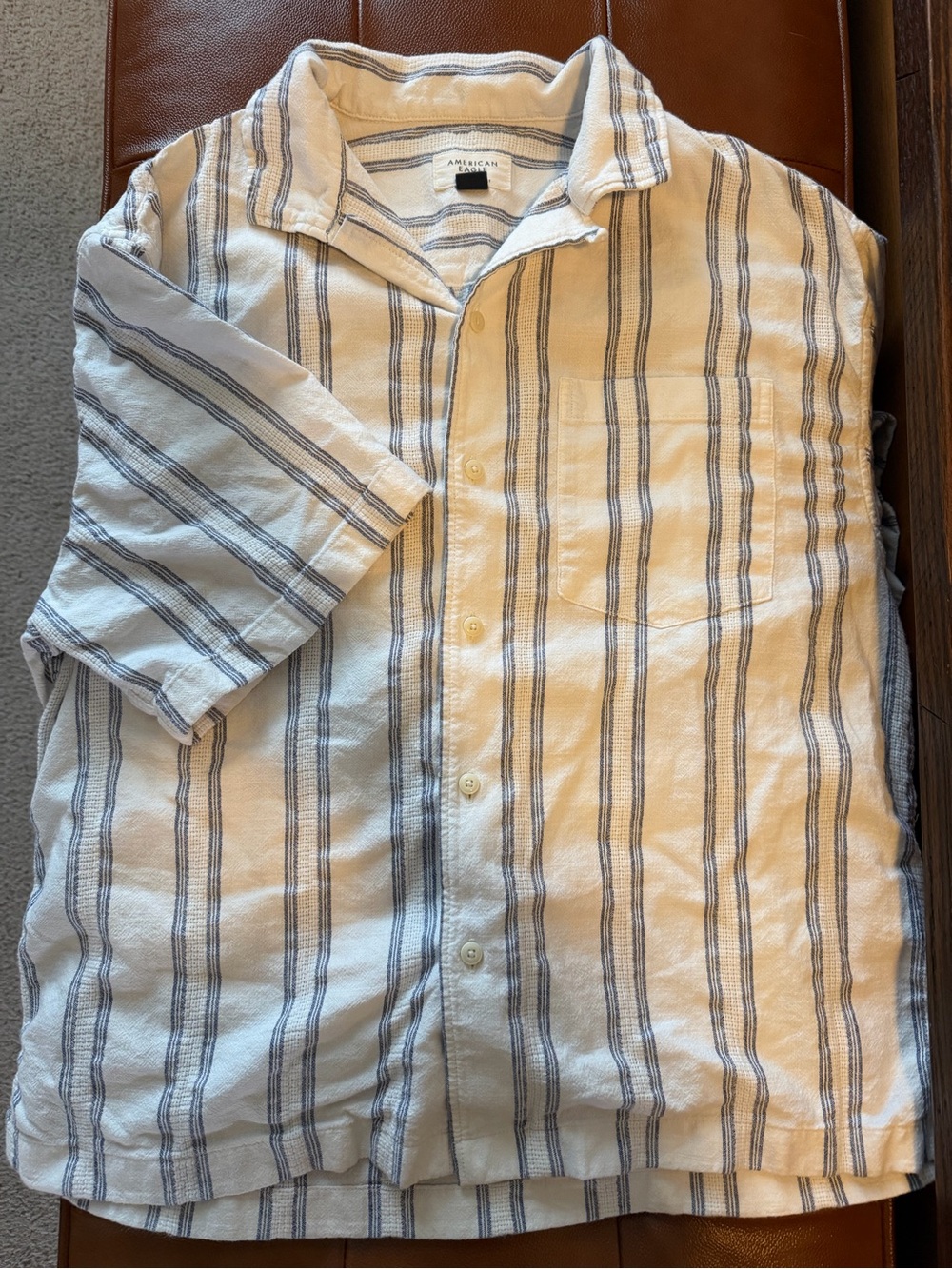 American Eagle Outfitters Cream Button-Down Shirt with Blue Stripes